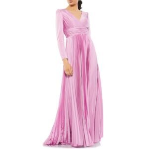 Mac Duggal 26542 Long Sleeve Pleated Chiffon A-Line Lilac Pink Gown Size 2